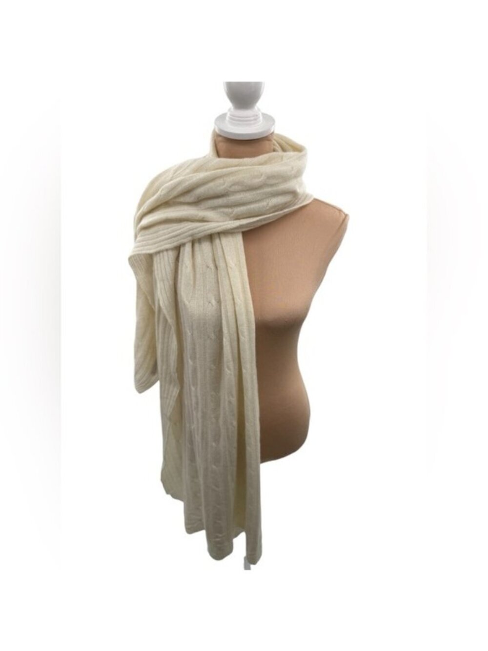100% Cashmere Ivory Cable Knit Oversized Scarf Wrap Made in Nepal Luxury